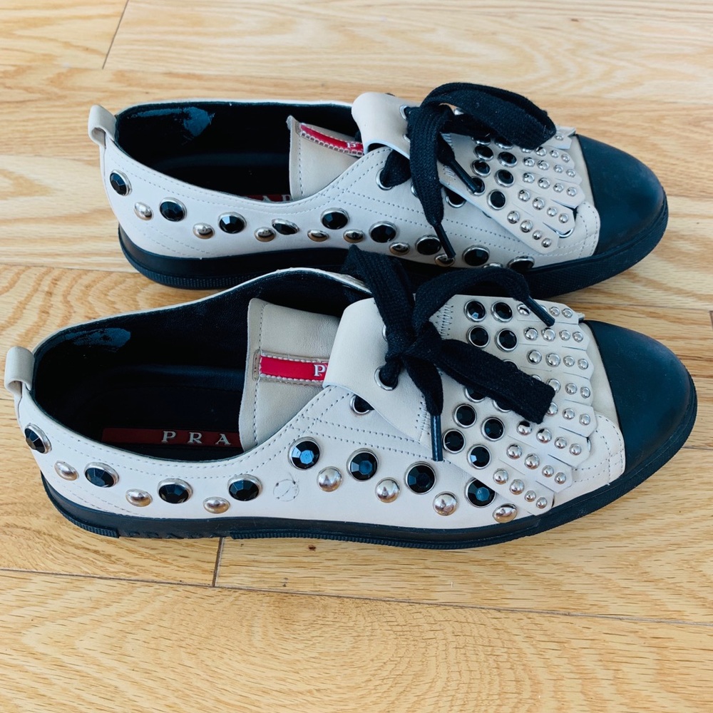 PRADA Leather Studded Oxford Sneakers
